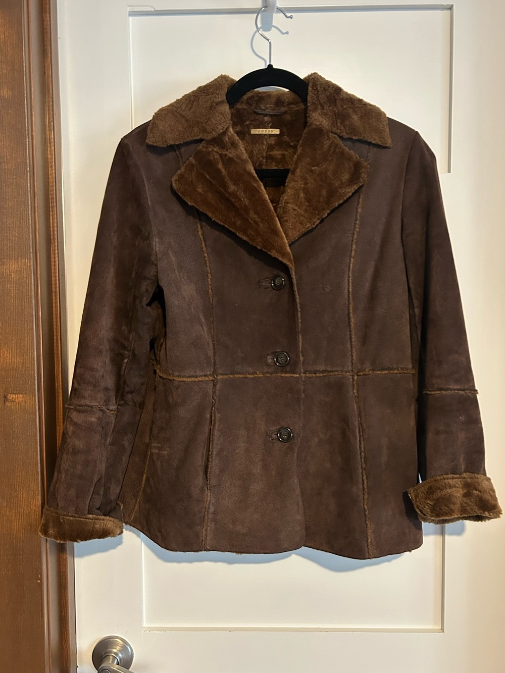 Guess Leather Penny Lane Jacket Coat Genuine Suede Faux Fur Brown Size Medium